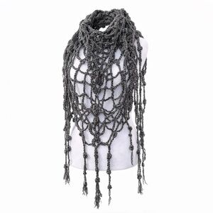 New Gray Handmade Boho Crochet Shawl Open Knit Fringe Festival Artisan Wrap OS